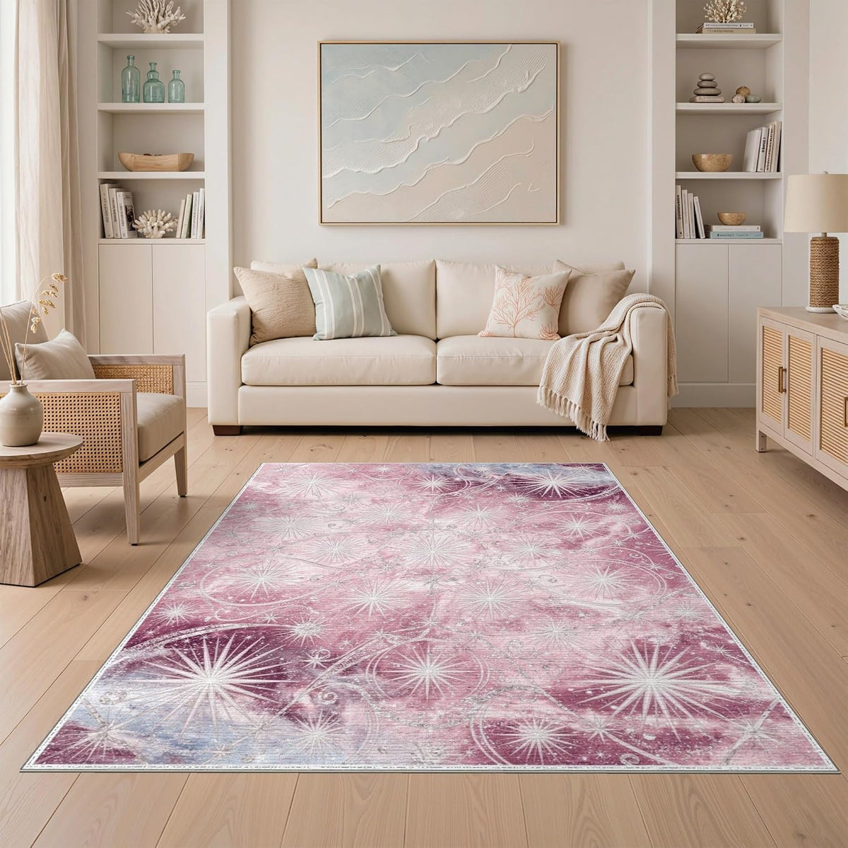5'x7' Washable Abstract Abstract Area Rug, Pink Flatwoven Floor Covering Non-Slip Chair-Friendly Carpet for Dining Room, Under Table, Home Office | Ref:2156316