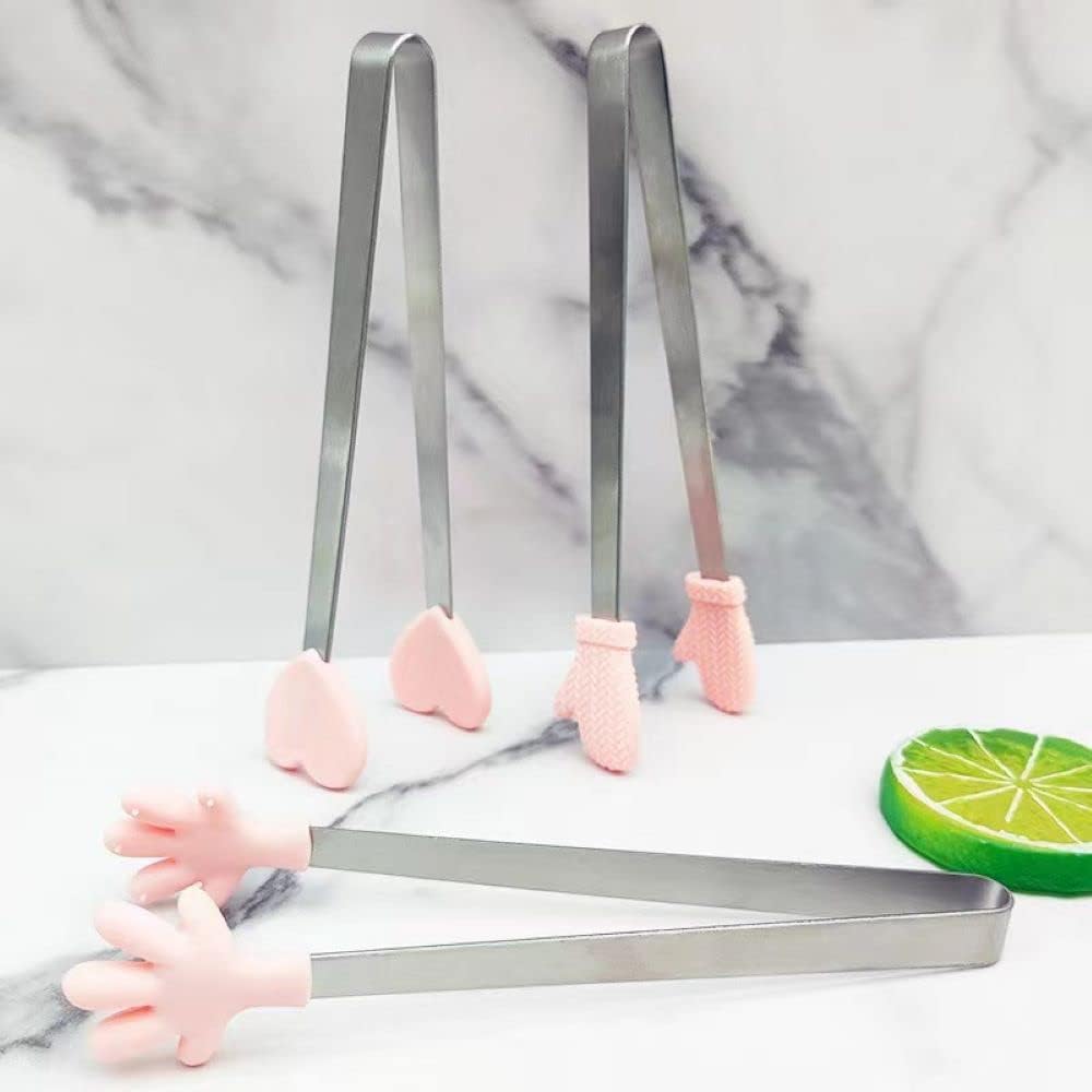 6 Pack Mini Dessert Tongs Stainless Ice Cube Clip Pink Hand Heart Glove Shape Small Non-Slip Silicone Baking Bread Tong Clips for Kids BBQ Salad Candy Sugar Kitchen Tools Food Serving Utensil
