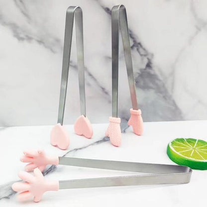 6 Pack Mini Dessert Tongs Stainless Ice Cube Clip Pink Hand Heart Glove Shape Small Non-Slip Silicone Baking Bread Tong Clips for Kids BBQ Salad Candy Sugar Kitchen Tools Food Serving Utensil