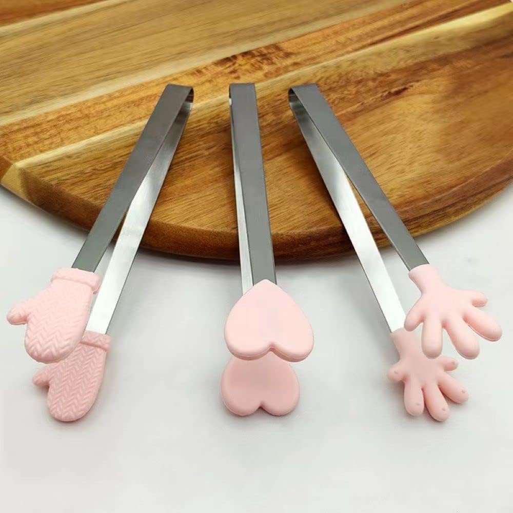 6 Pack Mini Dessert Tongs Stainless Ice Cube Clip Pink Hand Heart Glove Shape Small Non-Slip Silicone Baking Bread Tong Clips for Kids BBQ Salad Candy Sugar Kitchen Tools Food Serving Utensil