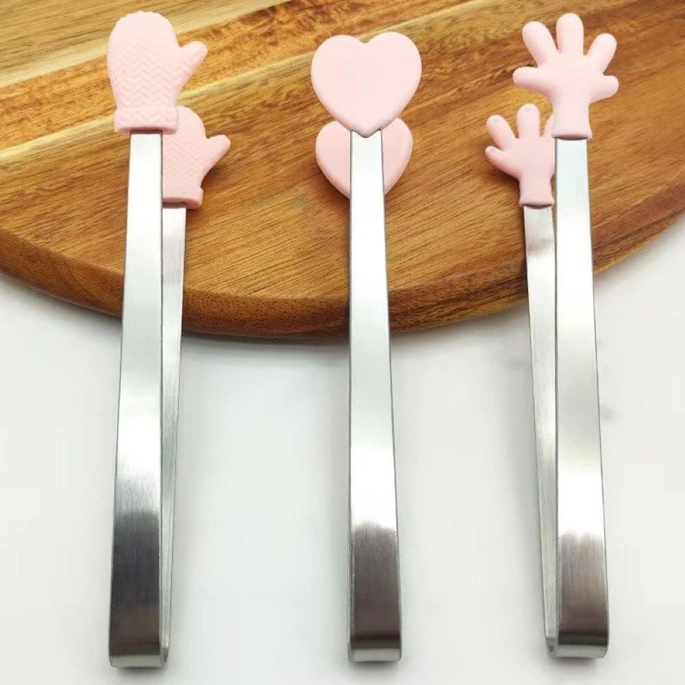 6 Pack Mini Dessert Tongs Stainless Ice Cube Clip Pink Hand Heart Glove Shape Small Non-Slip Silicone Baking Bread Tong Clips for Kids BBQ Salad Candy Sugar Kitchen Tools Food Serving Utensil