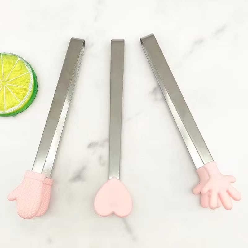6 Pack Mini Dessert Tongs Stainless Ice Cube Clip Pink Hand Heart Glove Shape Small Non-Slip Silicone Baking Bread Tong Clips for Kids BBQ Salad Candy Sugar Kitchen Tools Food Serving Utensil