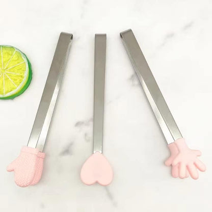 6 Pack Mini Dessert Tongs Stainless Ice Cube Clip Pink Hand Heart Glove Shape Small Non-Slip Silicone Baking Bread Tong Clips for Kids BBQ Salad Candy Sugar Kitchen Tools Food Serving Utensil