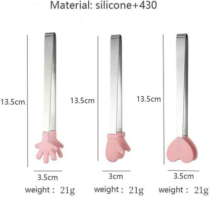 6 Pack Mini Dessert Tongs Stainless Ice Cube Clip Pink Hand Heart Glove Shape Small Non-Slip Silicone Baking Bread Tong Clips for Kids BBQ Salad Candy Sugar Kitchen Tools Food Serving Utensil