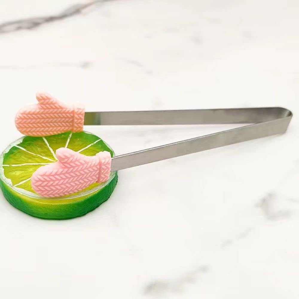 6 Pack Mini Dessert Tongs Stainless Ice Cube Clip Pink Hand Heart Glove Shape Small Non-Slip Silicone Baking Bread Tong Clips for Kids BBQ Salad Candy Sugar Kitchen Tools Food Serving Utensil