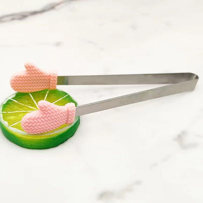 6 Pack Mini Dessert Tongs Stainless Ice Cube Clip Pink Hand Heart Glove Shape Small Non-Slip Silicone Baking Bread Tong Clips for Kids BBQ Salad Candy Sugar Kitchen Tools Food Serving Utensil