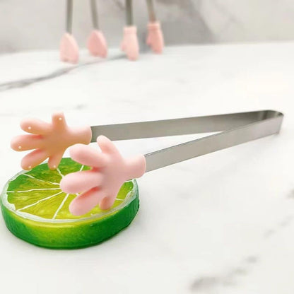 6 Pack Mini Dessert Tongs Stainless Ice Cube Clip Pink Hand Heart Glove Shape Small Non-Slip Silicone Baking Bread Tong Clips for Kids BBQ Salad Candy Sugar Kitchen Tools Food Serving Utensil