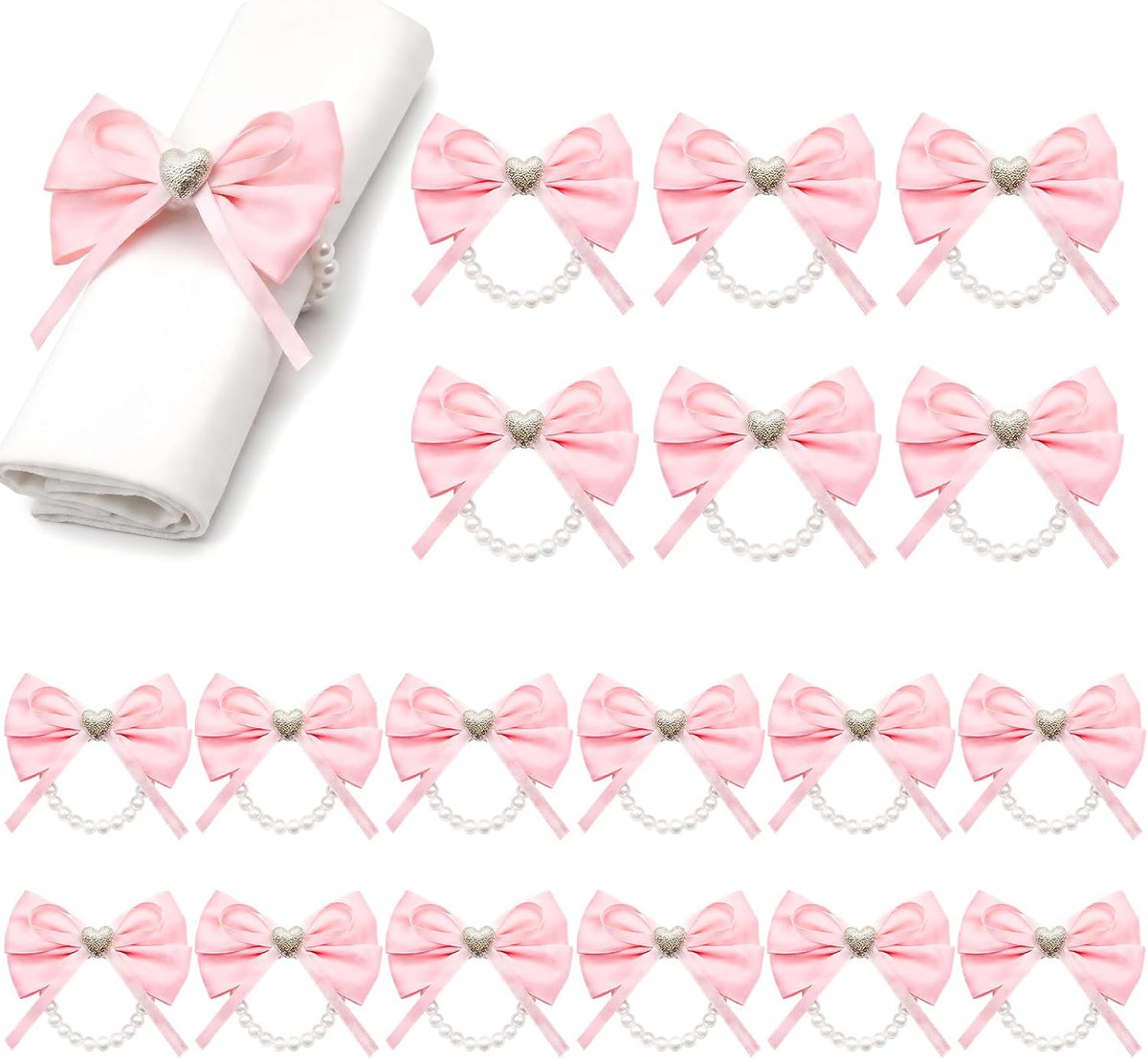 18 Pcs Pink Bow Ribbon Pearl Napkin Rings Adjustable Imitation Pearl String Elegant Napkin Holders for Weddings Bridal Shower Party Banquet and Everyday Use