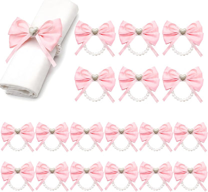 18 Pcs Pink Bow Ribbon Pearl Napkin Rings Adjustable Imitation Pearl String Elegant Napkin Holders for Weddings Bridal Shower Party Banquet and Everyday Use