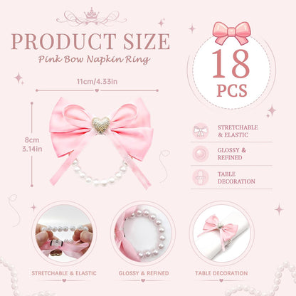 18 Pcs Pink Bow Ribbon Pearl Napkin Rings Adjustable Imitation Pearl String Elegant Napkin Holders for Weddings Bridal Shower Party Banquet and Everyday Use