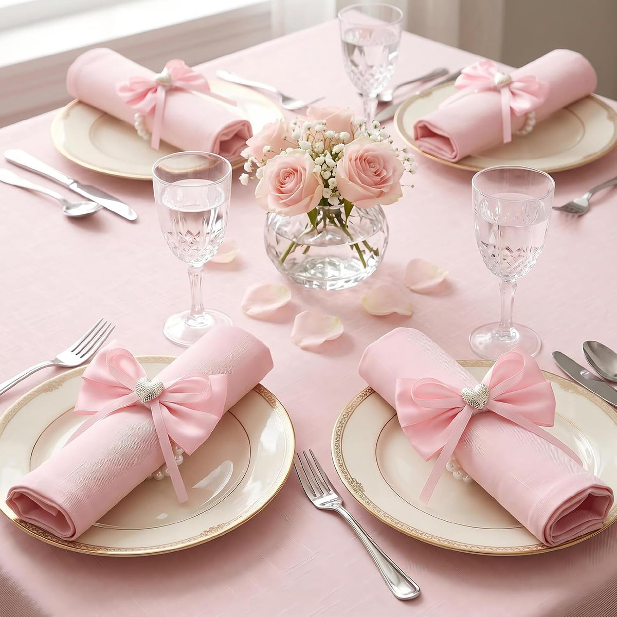 18 Pcs Pink Bow Ribbon Pearl Napkin Rings Adjustable Imitation Pearl String Elegant Napkin Holders for Weddings Bridal Shower Party Banquet and Everyday Use
