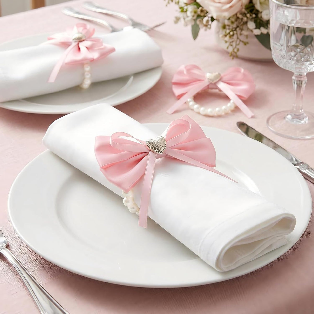 18 Pcs Pink Bow Ribbon Pearl Napkin Rings Adjustable Imitation Pearl String Elegant Napkin Holders for Weddings Bridal Shower Party Banquet and Everyday Use