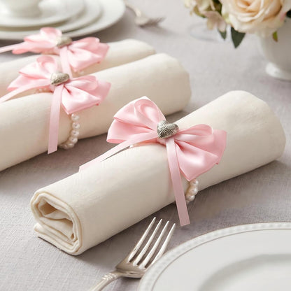 18 Pcs Pink Bow Ribbon Pearl Napkin Rings Adjustable Imitation Pearl String Elegant Napkin Holders for Weddings Bridal Shower Party Banquet and Everyday Use