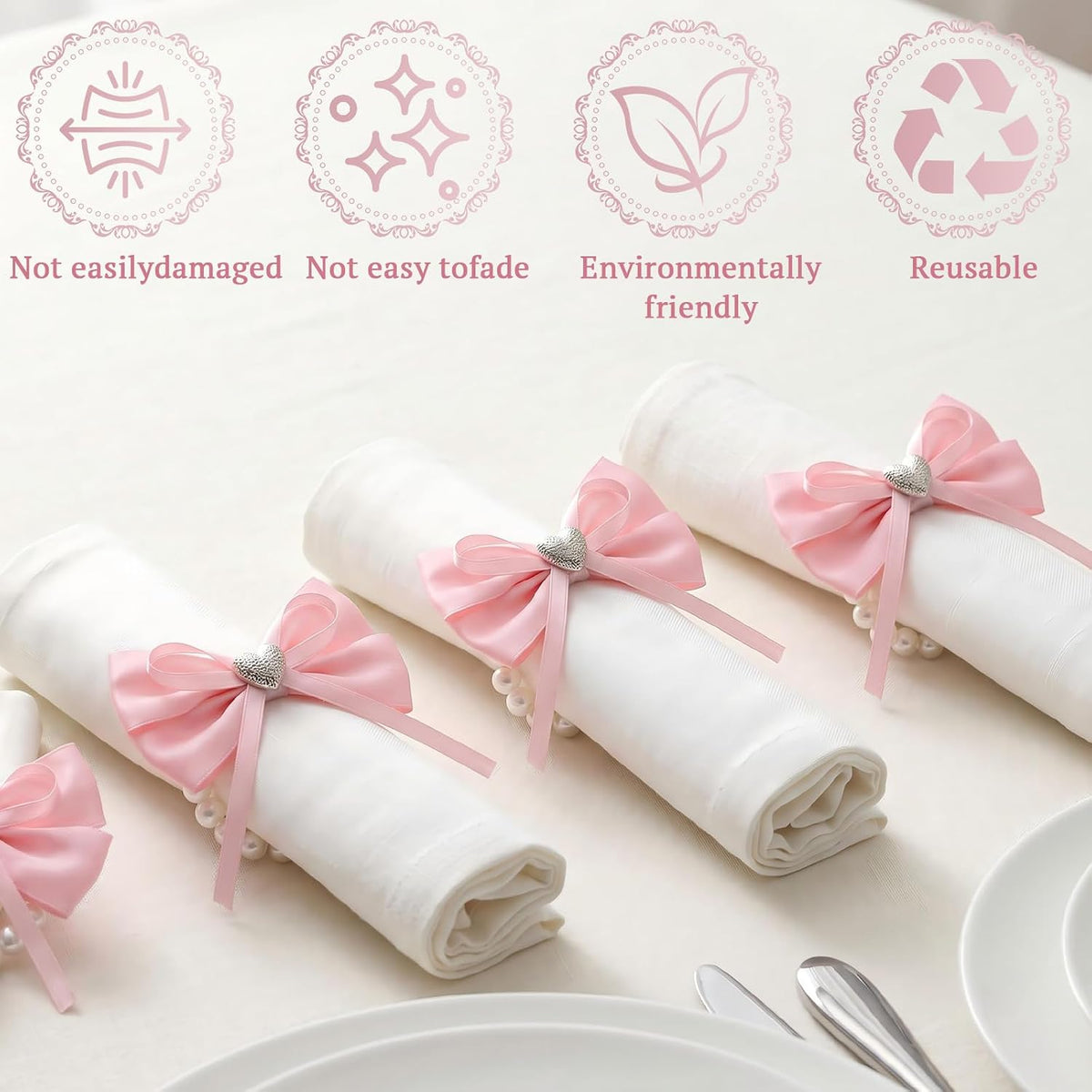 18 Pcs Pink Bow Ribbon Pearl Napkin Rings Adjustable Imitation Pearl String Elegant Napkin Holders for Weddings Bridal Shower Party Banquet and Everyday Use