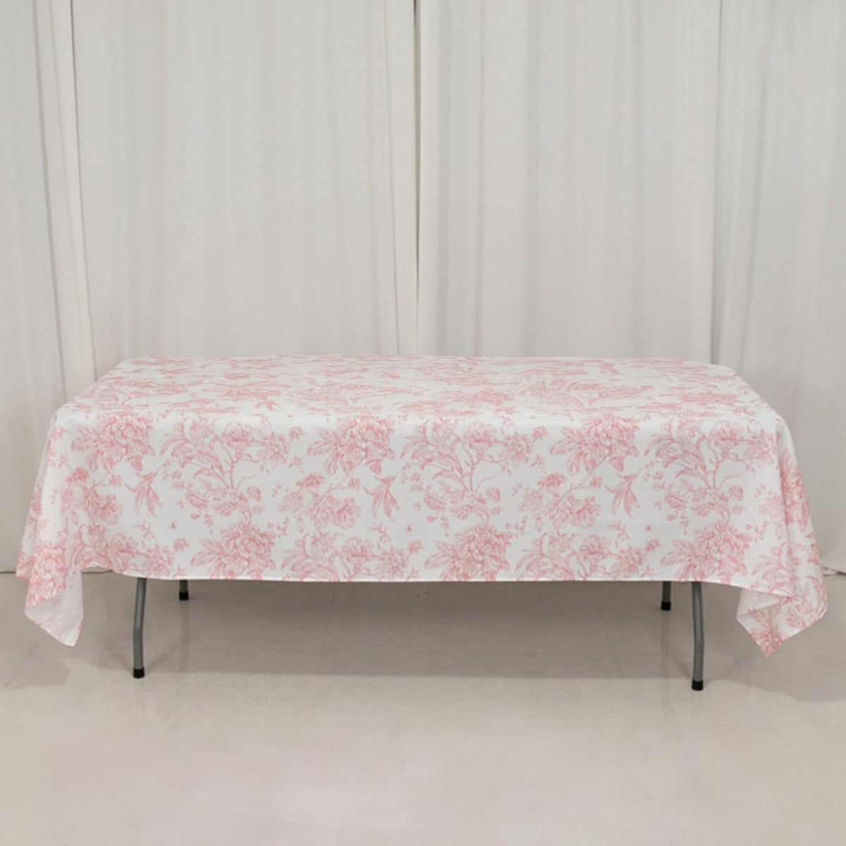 Polyester Rectangular Tablecloth 60"x102" White with Pink French Toile Pattern - Sophisticated Table Cover for Chic Weddings & Events