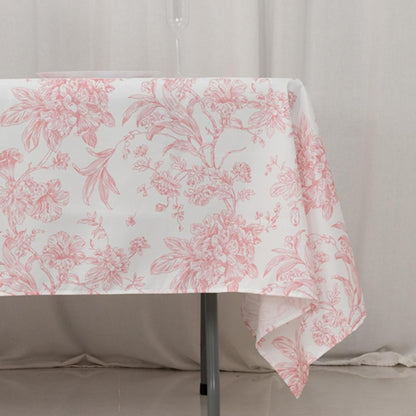 Polyester Rectangular Tablecloth 60"x102" White with Pink French Toile Pattern - Sophisticated Table Cover for Chic Weddings & Events