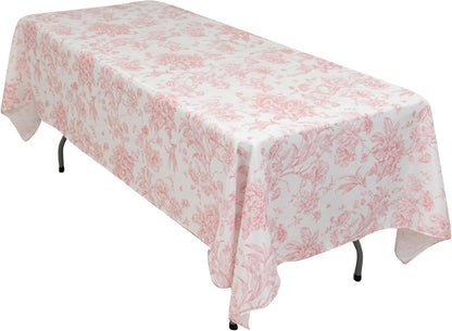 Polyester Rectangular Tablecloth 60"x102" White with Pink French Toile Pattern - Sophisticated Table Cover for Chic Weddings & Events