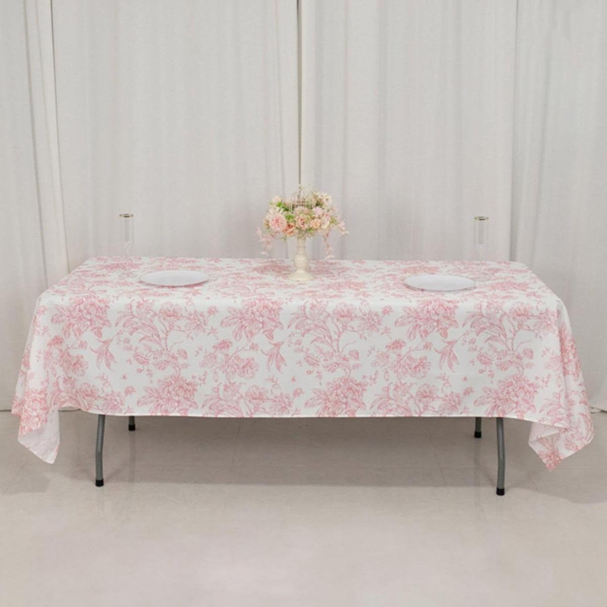 Polyester Rectangular Tablecloth 60"x102" White with Pink French Toile Pattern - Sophisticated Table Cover for Chic Weddings & Events
