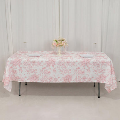 Polyester Rectangular Tablecloth 60"x102" White with Pink French Toile Pattern - Sophisticated Table Cover for Chic Weddings & Events