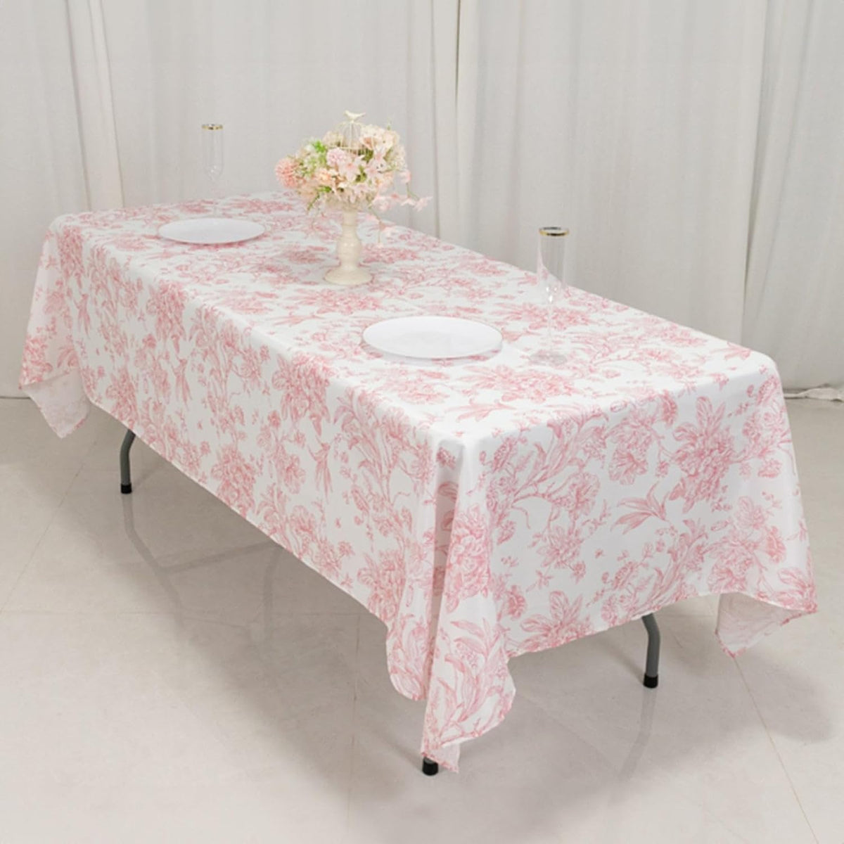 Polyester Rectangular Tablecloth 60"x102" White with Pink French Toile Pattern - Sophisticated Table Cover for Chic Weddings & Events