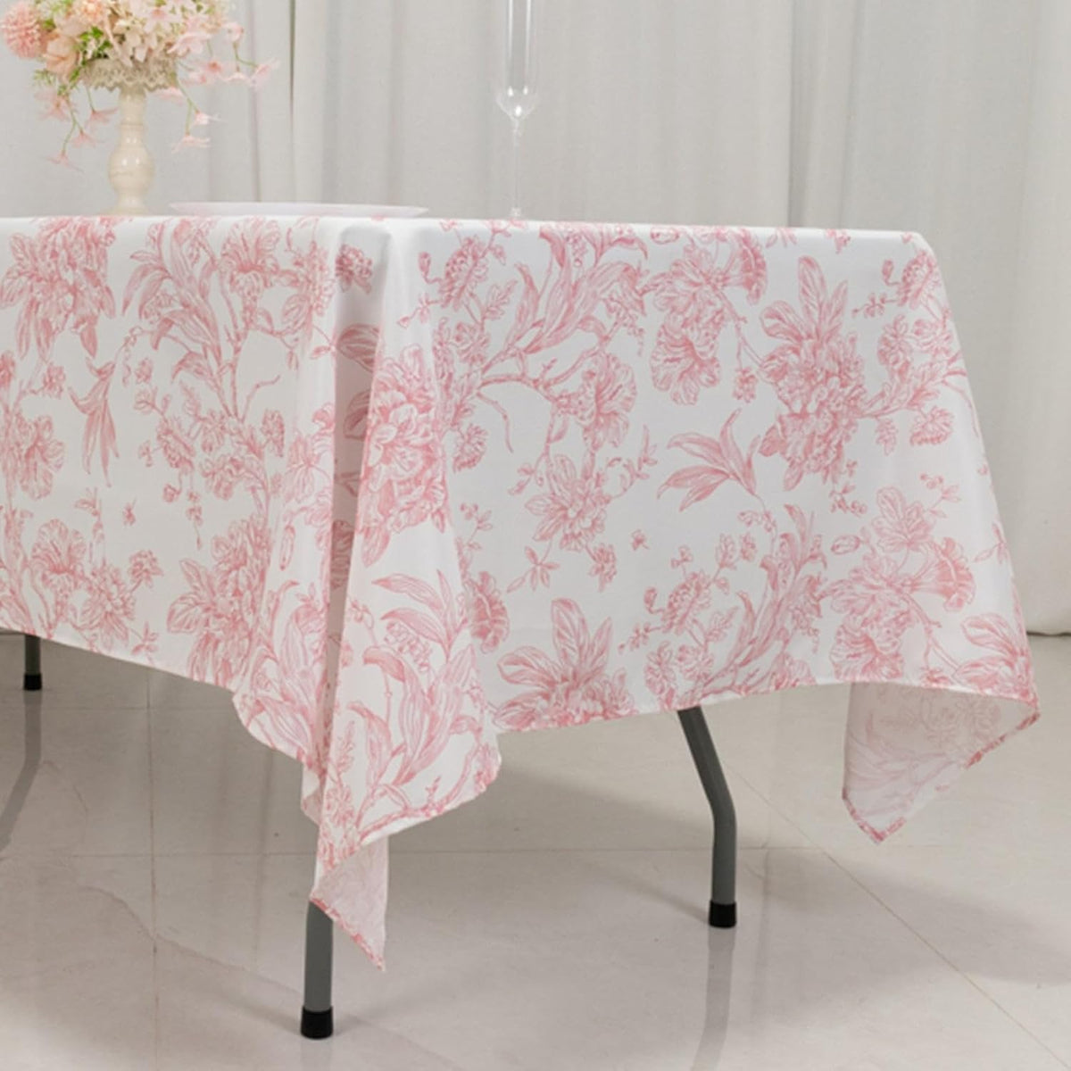 Polyester Rectangular Tablecloth 60"x102" White with Pink French Toile Pattern - Sophisticated Table Cover for Chic Weddings & Events