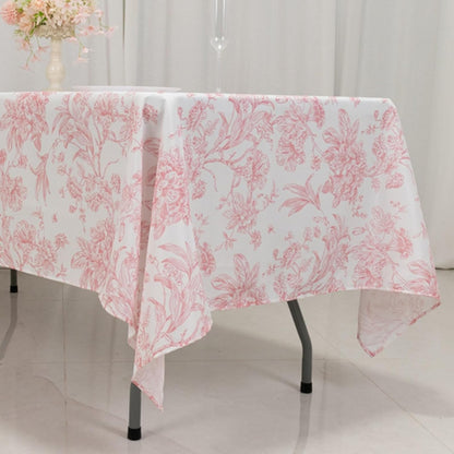 Polyester Rectangular Tablecloth 60"x102" White with Pink French Toile Pattern - Sophisticated Table Cover for Chic Weddings & Events