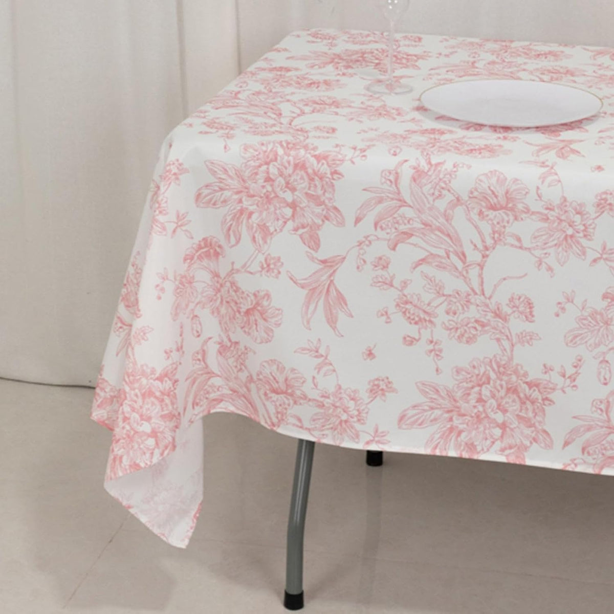 Polyester Rectangular Tablecloth 60"x102" White with Pink French Toile Pattern - Sophisticated Table Cover for Chic Weddings & Events