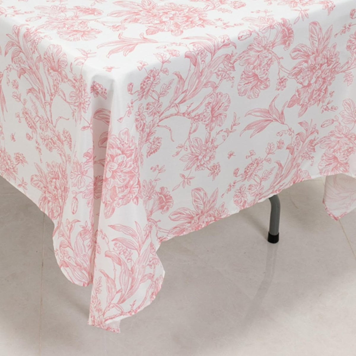 Polyester Rectangular Tablecloth 60"x102" White with Pink French Toile Pattern - Sophisticated Table Cover for Chic Weddings & Events