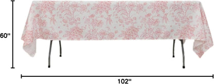 Polyester Rectangular Tablecloth 60"x102" White with Pink French Toile Pattern - Sophisticated Table Cover for Chic Weddings & Events