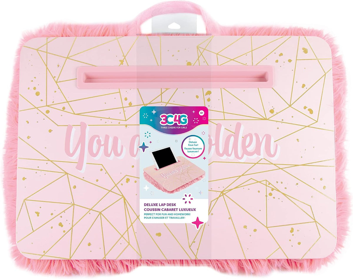Pink & Gold Deluxe Fur Lap Desk - Portable Tablet Tray for Kids