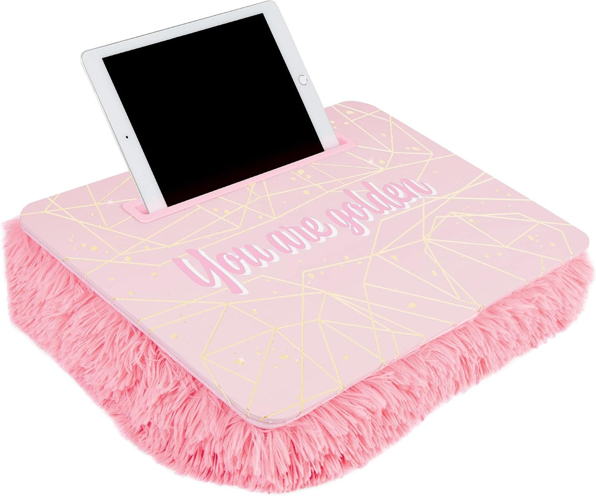 Pink & Gold Deluxe Fur Lap Desk - Portable Tablet Tray for Kids
