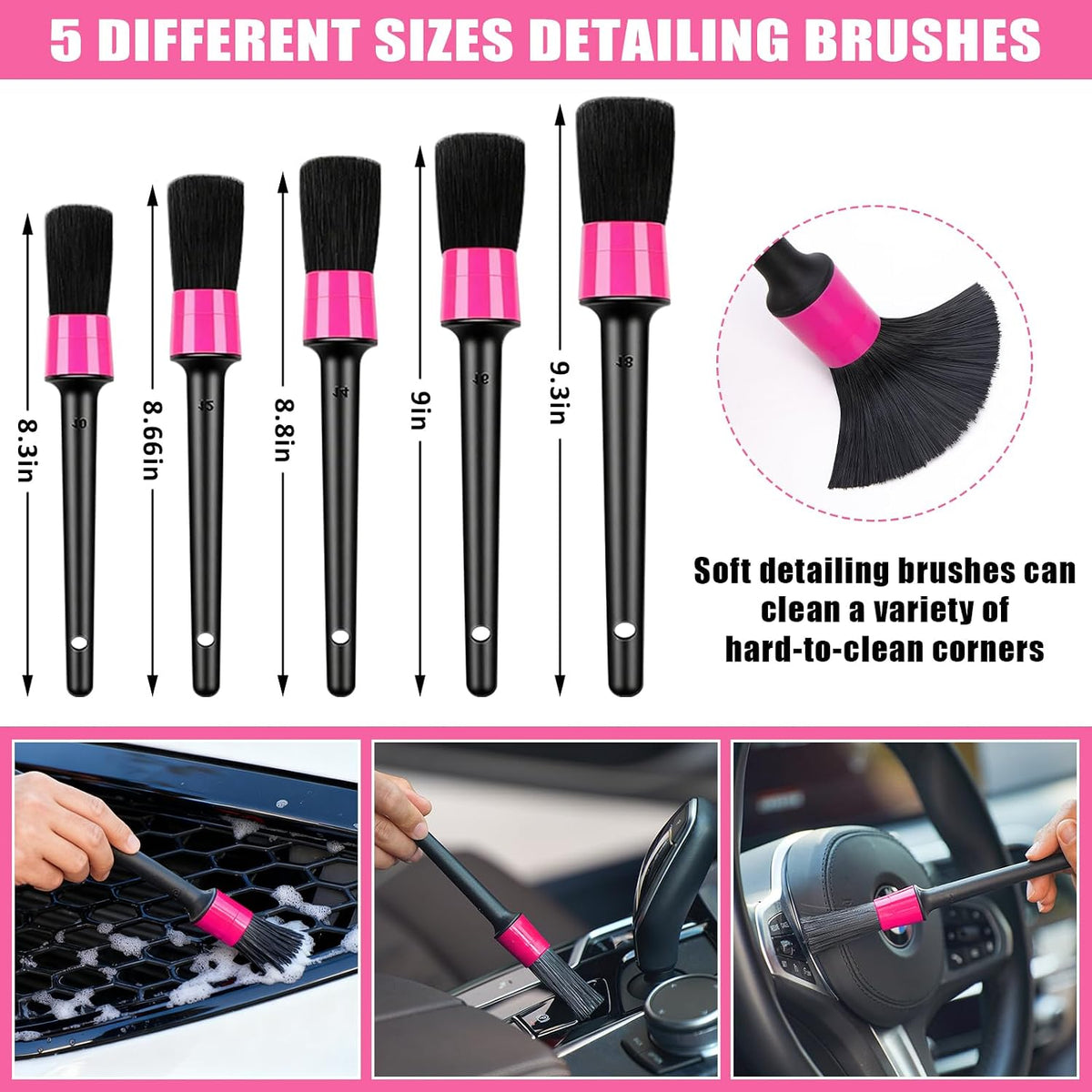 Windshield Cleaner Tool, 17Pcs Car Interior Detailing Kit, Detailing Brush, Towels, Duster, Car Cleaning Kit Interior for RVs, Truck, Trailer (Pink)
