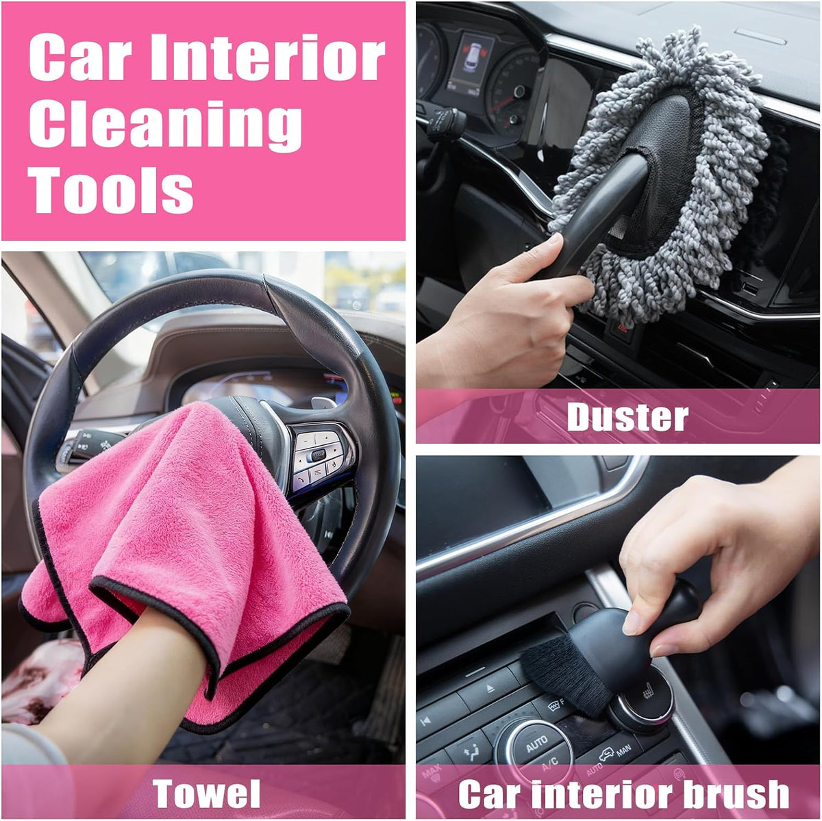Windshield Cleaner Tool, 17Pcs Car Interior Detailing Kit, Detailing Brush, Towels, Duster, Car Cleaning Kit Interior for RVs, Truck, Trailer (Pink)