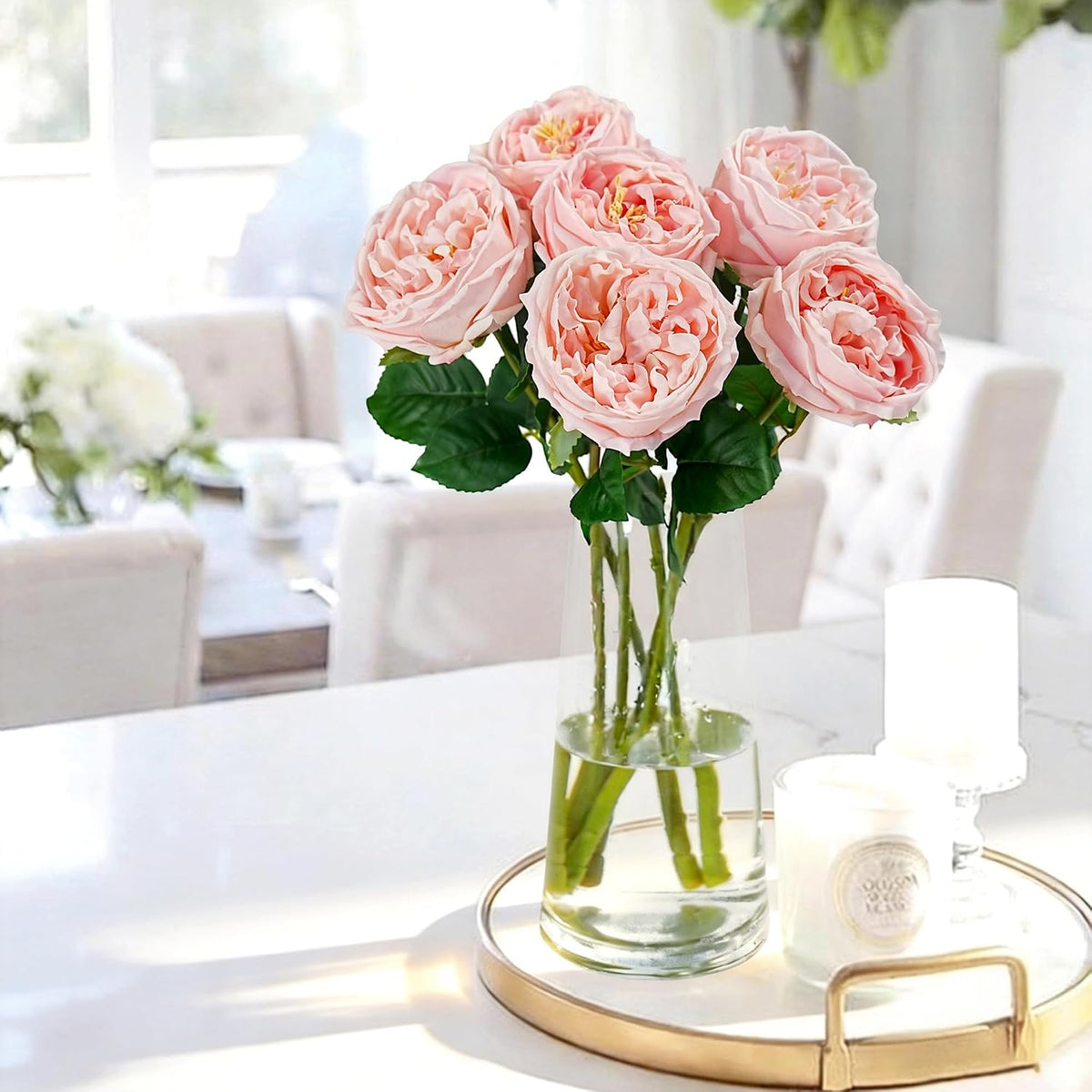 6Pcs Peonies Artificial Flowers, 17'' Real Touch Peonies Fake Flower, David Austin Roses Fake Peonies in Pot for Home Decor Wedding Balcony Bathroom Party Valentines Arrangement, Pink