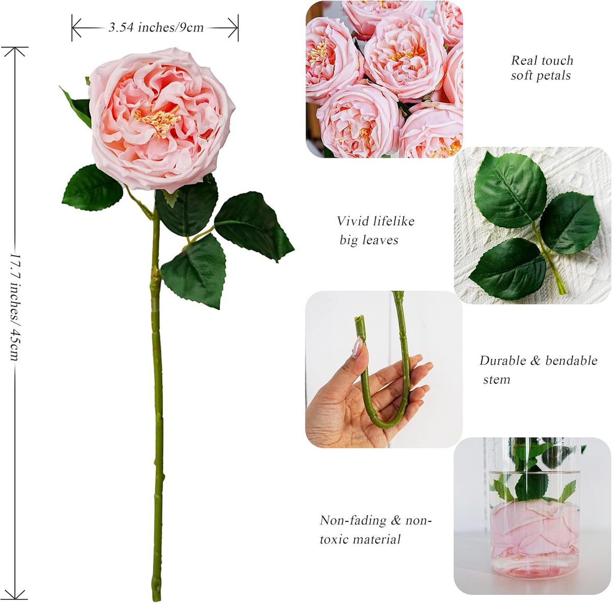 6Pcs Peonies Artificial Flowers, 17'' Real Touch Peonies Fake Flower, David Austin Roses Fake Peonies in Pot for Home Decor Wedding Balcony Bathroom Party Valentines Arrangement, Pink