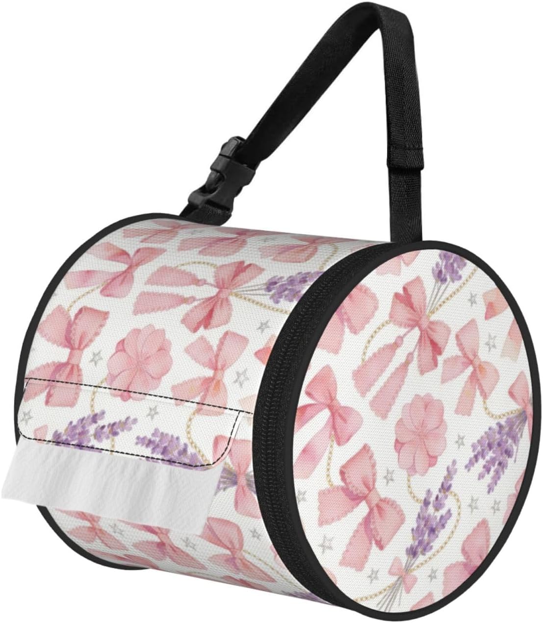 Round Tissue Holder Bag Car Hanging Tissue Boxes Cover with Adjustable Strap Foldable Roll Storage Bags with Zipper Tissues Case Organizer for Home Decor Toilet Office(Lavender Pink Bow)
