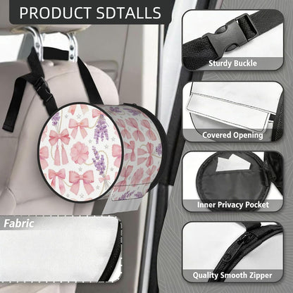 Round Tissue Holder Bag Car Hanging Tissue Boxes Cover with Adjustable Strap Foldable Roll Storage Bags with Zipper Tissues Case Organizer for Home Decor Toilet Office(Lavender Pink Bow)