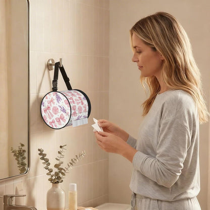 Round Tissue Holder Bag Car Hanging Tissue Boxes Cover with Adjustable Strap Foldable Roll Storage Bags with Zipper Tissues Case Organizer for Home Decor Toilet Office(Lavender Pink Bow)