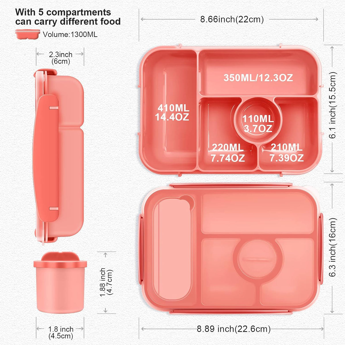 Bento Box Adult Lunch Box Kids,Lunch Containers for Adults/Kids/Toddler,5 Compartments Bento Lunch Box with Sauce Vontainers,Microwave & Dishwasher & Freezer Safe,BPA-Free (Pink)
