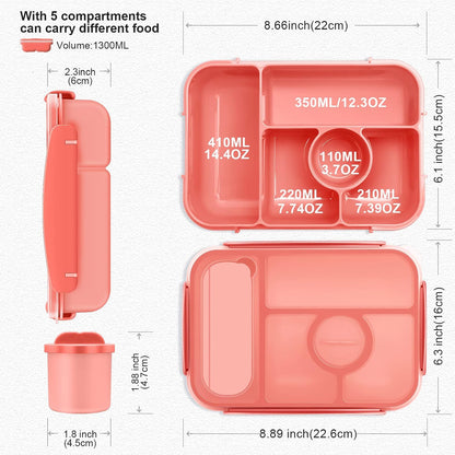Bento Box Adult Lunch Box Kids,Lunch Containers for Adults/Kids/Toddler,5 Compartments Bento Lunch Box with Sauce Vontainers,Microwave & Dishwasher & Freezer Safe,BPA-Free (Pink)