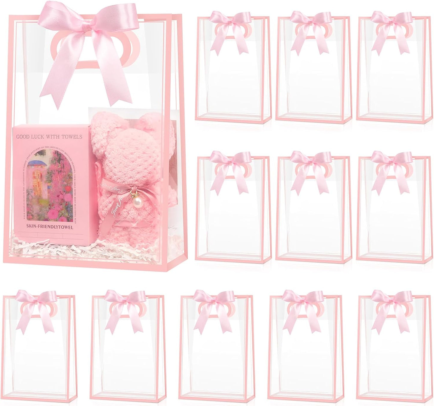 12 Pack Clear Plastic Gift Bags with Handles, Reusable Pink Party Favor Bags with Ribbon Clear Goodie Bags for Wedding, Bridal Shower, Birthday, Baby Shower, 10.2 x 7.1 x 3.1 Inch