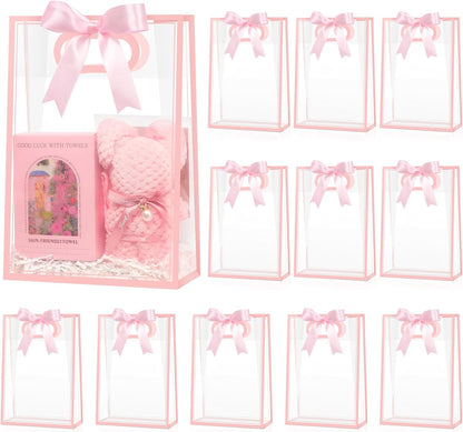 12 Pack Clear Plastic Gift Bags with Handles, Reusable Pink Party Favor Bags with Ribbon Clear Goodie Bags for Wedding, Bridal Shower, Birthday, Baby Shower, 10.2 x 7.1 x 3.1 Inch
