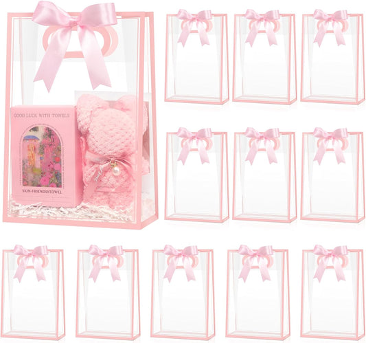 12 Pack Clear Plastic Gift Bags with Handles, Reusable Pink Party Favor Bags with Ribbon Clear Goodie Bags for Wedding, Bridal Shower, Birthday, Baby Shower, 10.2 x 7.1 x 3.1 Inch