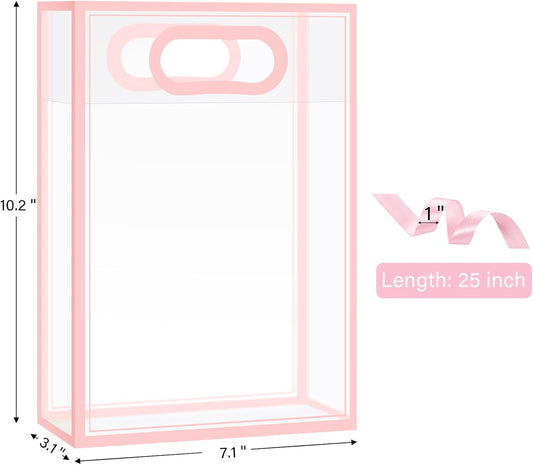 12 Pack Clear Plastic Gift Bags with Handles, Reusable Pink Party Favor Bags with Ribbon Clear Goodie Bags for Wedding, Bridal Shower, Birthday, Baby Shower, 10.2 x 7.1 x 3.1 Inch