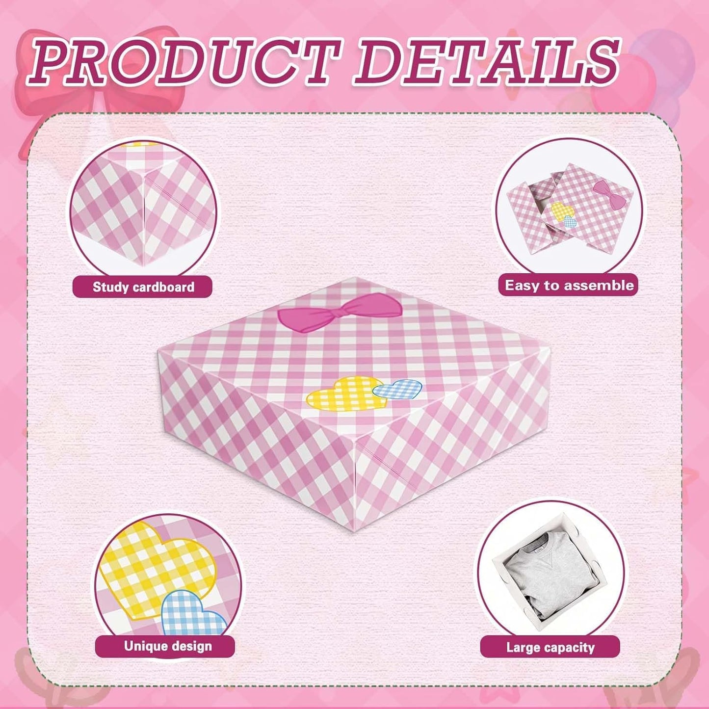 6Pcs Designed Gift Boxes With Lids,Bow Pattern Shirt Box, 12 * 12 * 4Inch Extra Large Pink and White Medium Clothes Gift Box for Valentine's Day Christmas Graduation Birthday Wedding