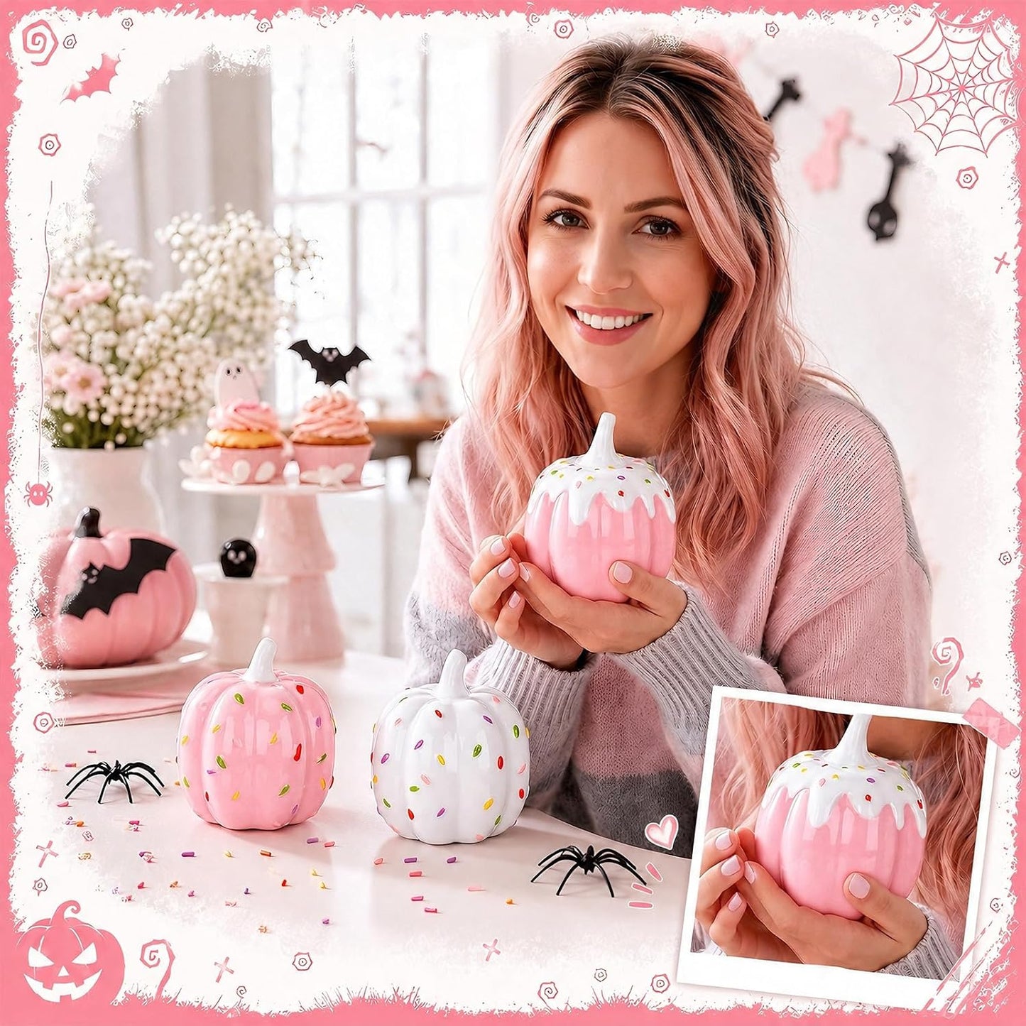 3 Pcs Pink Halloween Decor Pastel Ceramic Pumpkins Centerpieces