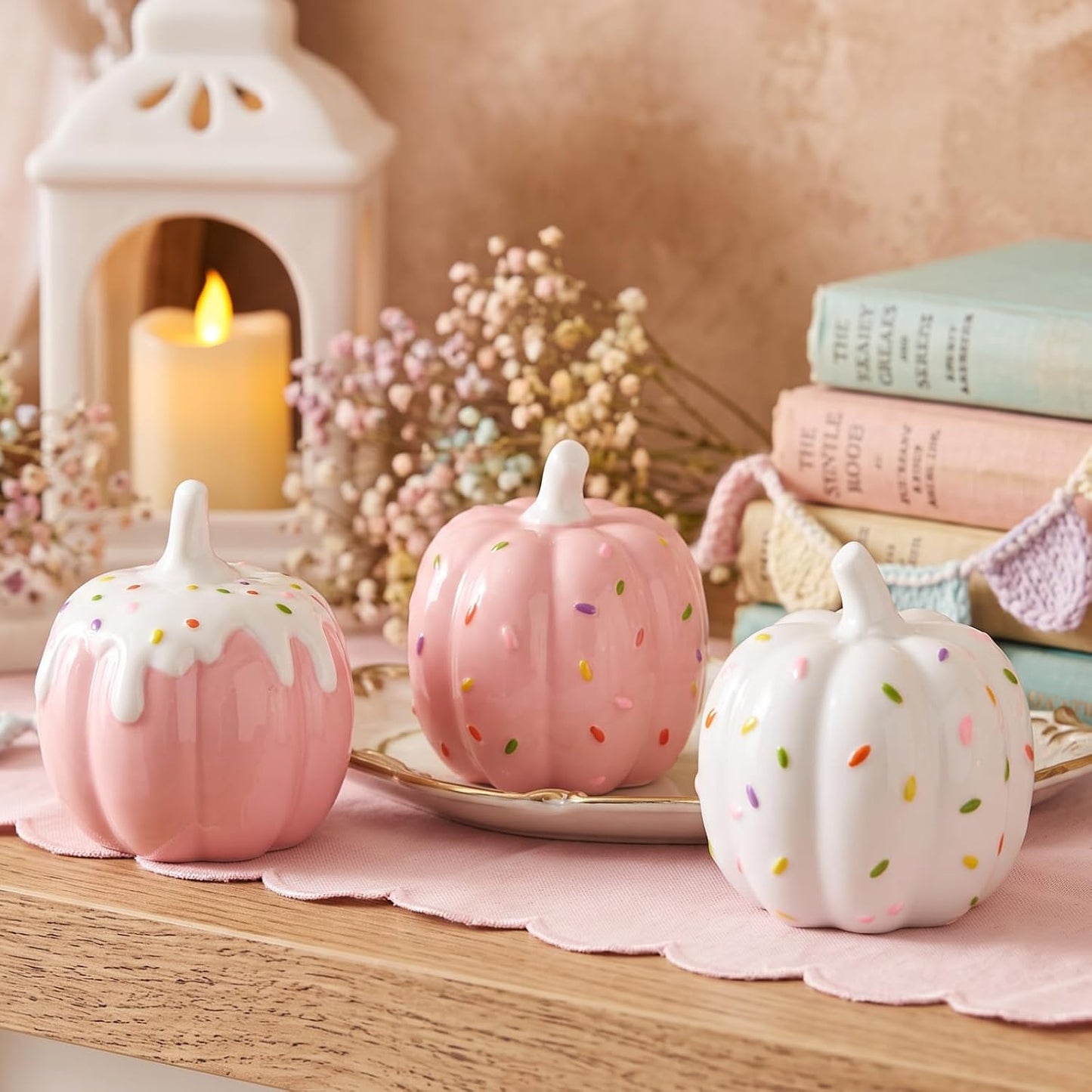 3 Pcs Pink Halloween Decor Pastel Ceramic Pumpkins Centerpieces