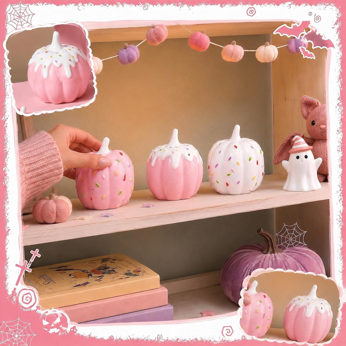 3 Pcs Pink Halloween Decor Pastel Ceramic Pumpkins Centerpieces