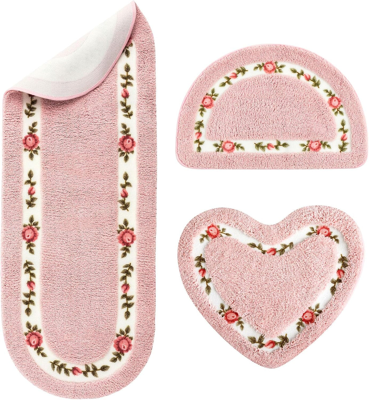 3 Pcs Floral Bathroom Rugs Set, Pink Non Slip Bath Mats, Pink