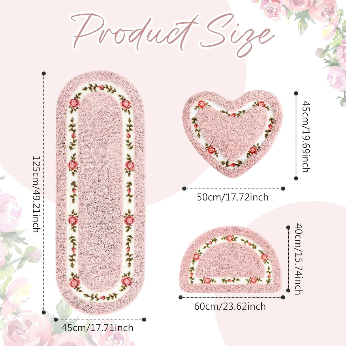 3 Pcs Floral Bathroom Rugs Set, Pink Non Slip Bath Mats, Pink